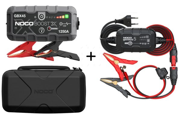 Komplekts NOCO GBX45 Boost X 1250A Jump Starter starta palīgiekārta + NOCO GBC101 iekārtas GBX45 aizsargsoma + NOCO GENIUS5 5A 6V/12V akumulatoru lādētājs