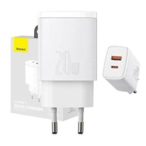 USB ātrais lādētājs 20W USB + USB-C QC3.0 PD3.0, balts